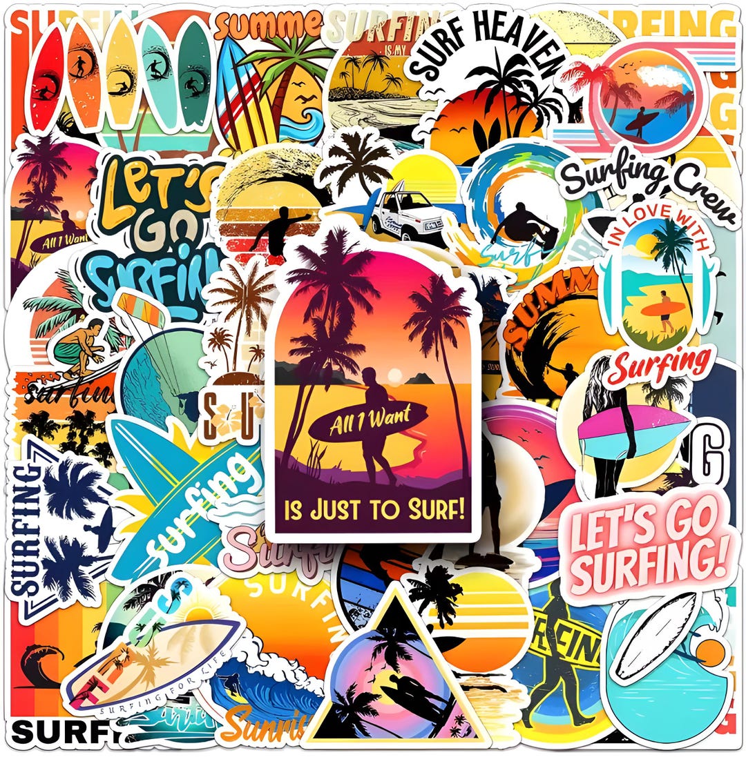 Sticker Surf Gate 50pcs Retro Surfing Sticker Pack - Waterproof Vinyl Decals for Laptops ...