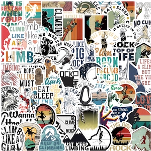 Könnte beinhalten: Eine Sammlung bunter Aufkleber mit Kletter-Designs. Die Aufkleber zeigen Illustrationen von Kletterern, Kletterausrüstung und motivierenden Sätzen wie "Climb Like a Girl" und "Keep on Climbing". Geeignet zum Dekorieren verschiedener Gegenstände.