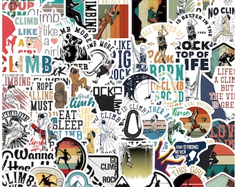 50 Climbing Stickers Pack, Rock Climbing & Bouldering Decals, Vintage Mountain Hiking Aesthetic for Water Bottles