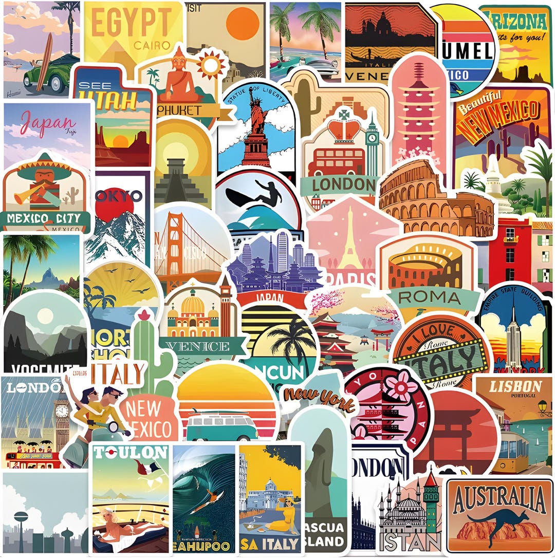 50pcs Vintage Travel Stickers, Retro Vacation Poster Decals, World ...