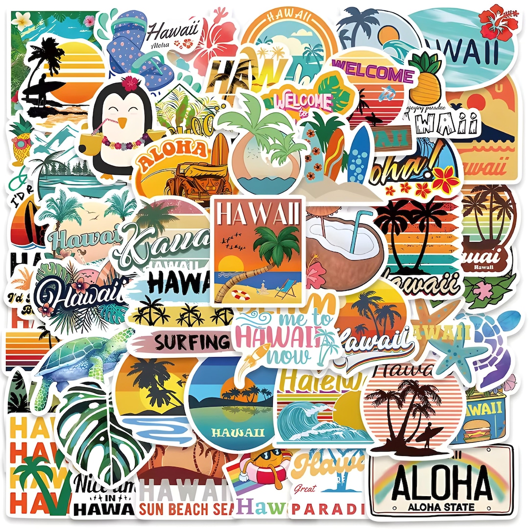 50 Hawaii Vacation Stickers | Retro Aloha State Surf Decals | Tropical ...