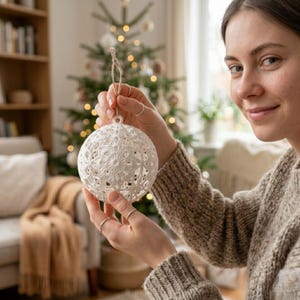 May include: A white, crocheted Christmas ornament with a delicate, openwork design. The spherical ornament is held by a person in front of a Christmas tree with soft, warm lights. The ornament is suspended by a natural twine loop.