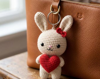 Crochet Bunny Keychain Pattern | Amigurumi Rabbit Holding Heart (PDF Download)