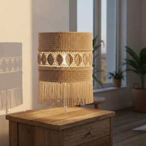 May include: A beige crochet table lamp with a cylindrical shade. The shade features a leaf pattern and fringe at the bottom. The lamp sits on a wooden nightstand. The lamp is approximately 18 inches tall.