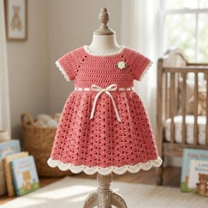 Op de afbeelding: Koraalroze gehaakte jurk met korte mouwen en een geschulpte zoom. De jurk heeft een wit lint rond de taille en een witte strik. Een kleine witte bloem is bevestigd bij de halslijn. De jurk wordt getoond op een houten mannequin.