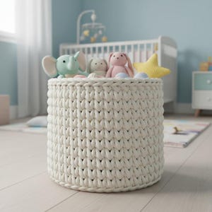 May include: A cream-colored, cylindrical, crocheted storage basket filled with plush toys. The toys include a light green elephant, a gray bunny, a pink bunny, and a yellow star. The basket is in a nursery setting.