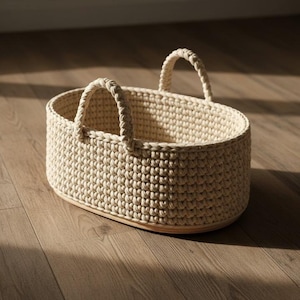 May include: A cream-colored, oval-shaped crochet basket with two sturdy handles. The basket is made of thick yarn and sits on a light-colored wooden base. The texture of the crochet is visible, and the handles are tightly woven.