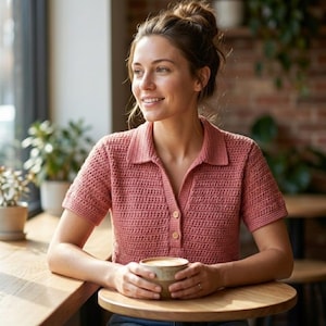 Könnte beinhalten: Ein kurzärmeliges, staubrosa gehäkeltes Hemd mit Kragen und Holzknöpfen. Das Hemd wird mit einer blauen Jeans getragen. Eine Person hält einen Keramikbecher mit einem Kaffeegetränk.
