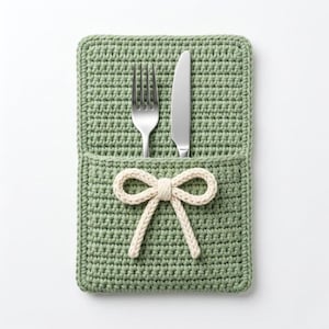 Könnte beinhalten: Ein grüner gehäkelter Besteckhalter mit cremefarbener Schleife. Eine silberne Gabel und ein Messer befinden sich in der Tasche. Der Halter besteht aus einem strukturierten, gewebten Material, ideal für eine rustikale oder handgemachte Ästhetik. Ca. 20 cm lang.