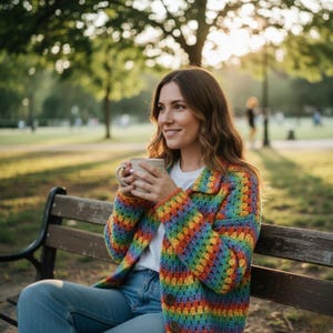 Puede incluir: Una chaqueta de ganchillo arcoíris con cierre de botones. La chaqueta presenta un patrón vibrante de rayas rojas, naranjas, amarillas, verdes, azules y moradas. La persona lleva una camisa blanca y vaqueros azules. La persona sostiene una taza.