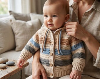 Easy Crochet Baby Sweater Pattern | Striped Cotton Cardigan PDF (Digital Download)