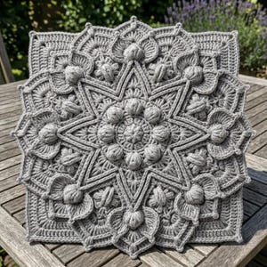 Può includere: Un cuscino quadrato grigio all'uncinetto con un design mandala dettagliato. Il cuscino presenta un motivo a stella centrale circondato da elementi floreali e geometrici. La superficie strutturata include pompon in rilievo e intricate cuciture.