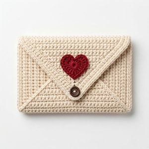 Puede incluir: Bolso de mano de ganchillo color crema con forma de sobre, con un aplique de corazón rojo y cierre de botón marrón. El bolso hecho a mano presenta un patrón de puntada texturizada y una solapa, ideal para llevar objetos pequeños.