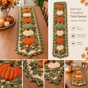 Op de afbeelding: Een gehaakte tafelloper met een herhalend patroon van oranje, witte en saliegroene pompoenen omringd door groene bladeren en kleine gele bloemen. De tekst Harvest Pumpkin Table Runner CROCHET PATTERN is aan de rechterkant zichtbaar.