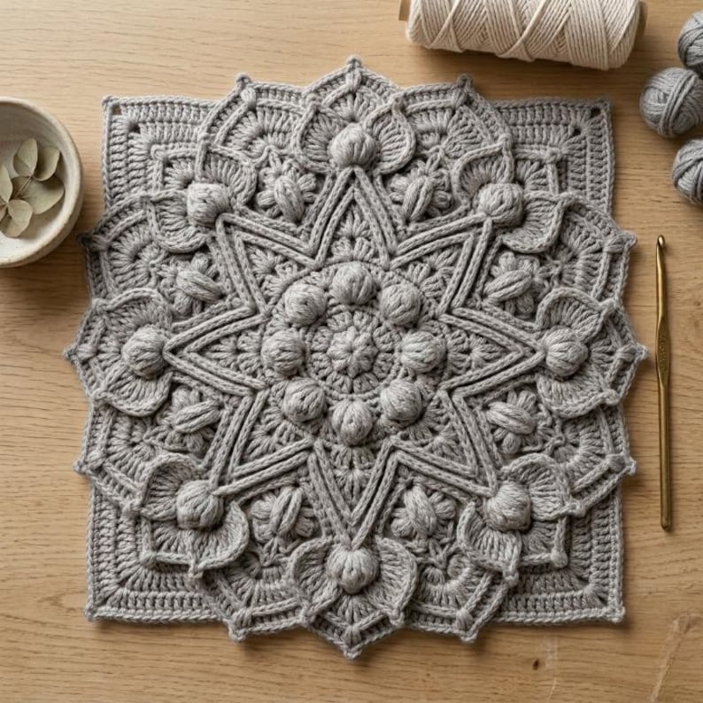 Textured Detailed Pattern 3D Mandala Crochet Rug Pattern, Textured Boho Floor Mat, Popcorn Stitch ...