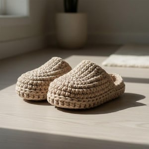 May include: Two beige crochet slippers. The slippers are crafted from thick yarn, featuring a textured, ribbed pattern. They are placed on a light-coloured surface, creating a warm, inviting atmosphere.