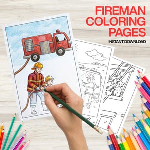Könnte beinhalten: Eine Hand, die eine Seite aus einem Set von Feuerwehr-Malvorlagen ausmalt. Die Seiten zeigen Illustrationen von Feuerwehrautos, Feuerwehrleuten und einer Katzenrettung. Der Text "Fireman Coloring Pages Instant Download" ist rot dargestellt.