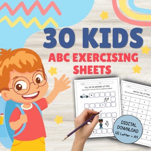30 Kids ABC Exercising Sheets, Handwriting Practice, Preschool Activity (Digital Download)