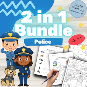 Könnte beinhalten: Ein 2-in-1 Polizei-Paket als digitaler Download für 3- bis 5-Jährige mit zwei Cartoon-Polizisten, einem Polizeihund und Arbeitsblättern mit Linienübungen und einem Labyrinth. Der Text lautet 2 in 1 Bundle Police und Digital Download.