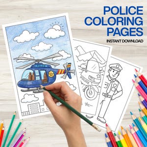 May include: A hand coloring a blue police helicopter illustration with a green pencil. The image is part of a set of "Police Coloring Pages" with an instant download option. Other pages show a police motorcycle and a police officer.