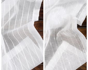 White Striped Sheer Curtains. Custom Size Drapery for Modern, Minimalist, Scandinavian, Boho Living, Dining, Kitchen, Bathroom, Bedroom.