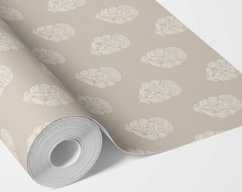 Floral Blockprint Botanical Wallpaper by Meter I Extra Wide Roll I Neutral Beige I Easy DIY Removable Peel & Stick Option I Sunday Morning