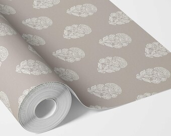 Floral Block Print Botanical Wallpaper by Meter I Extra Wide Roll I Neutral Grey I Easy DIY Removable Peel & Stick Option I September Morn