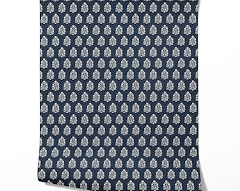 Floral Block Print Botanical Wallpaper by Meter I Extra Wide Roll I Navy Blue/ White I Easy DIY Removable Peel & Stick Option I Apple Tree
