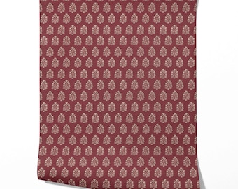 Floral Block Print Botanical Wallpaper by Meter I Extra Wide Roll I Red/ Beige I Easy DIY Removable Peel & Stick Option I Song of the Lark