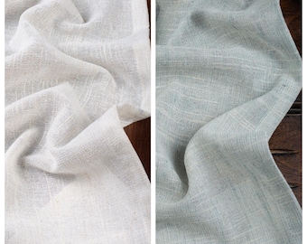 White/ Blue Sheer Linen Textured Curtains. Custom Size Window Drapery for Coastal, Modern, Rustic, Boho Living, Kitchen, Bathroom, Bedroom.