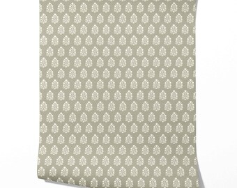 Khaki Green Floral Blockprint Botanical Pattern Wallpaper by Meter I Extra Wide Roll I Easy DIY Removable Peel & Stick Option I Lake Geneva
