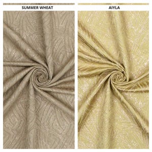 May include: Two fabric swatches, one labeled "SUMMER WHEAT" and the other "AIYLA." The "SUMMER WHEAT" fabric is a light tan with a textured, patterned design. The "AIYLA" fabric is a golden yellow with a similar textured pattern.