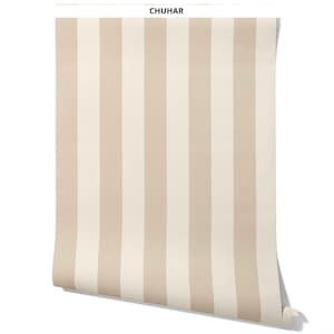 May include: A roll of wallpaper featuring a repeating vertical striped pattern in alternating shades of light beige and off-white. The top edge of the paper displays the text CHUHAR in black capital letters against a white background.