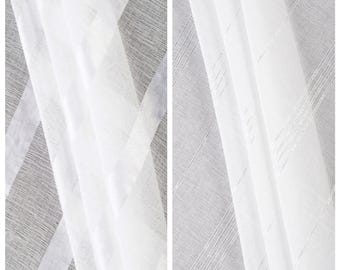 White Striped Sheer Curtains. Custom Length/ Width Window Drapes. Light Filtering Drapery for Living, Kitchen, Bathroom, Study, Bedroom.