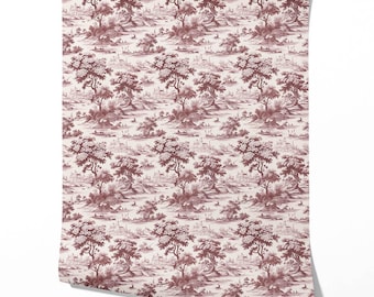 Toile de Jouy Wallpaper by the Meter I Extra Wide Roll I Maroon Red/ Deep Pink I Non-Pasted Traditional Wall Decor I Ficus