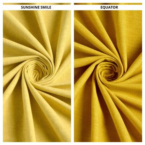May include: Two close-up shots of yellow fabric swirled into a spiral. The fabric has a textured appearance and a warm, sunny color. The top of the image reads "SUNSHINE SMILE" and "EQUATOR".