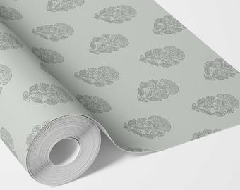 Floral Blockprint Botanical Wallpaper by Meter I Extra Wide Roll I Sage Grey/ Blue I Easy DIY Removable Peel & Stick Option I January Morn