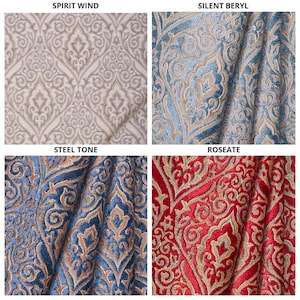 May include: Four fabric swatches with ornate, repeating patterns. The top left swatch is beige with a cream-colored design, labeled "Spirit Wind." The top right is blue with gold accents, labeled "Silent Beryl." The bottom left is blue with gold, labeled "Steel Tone." The bottom right is red with gold, labeled "Roseate."