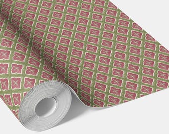 Small Floral Lattice Geometric Print Wallpaper by Meter I Extra Wide Roll I Pink/ Green I Easy DIY Removable Peel & Stick Option I Kurort
