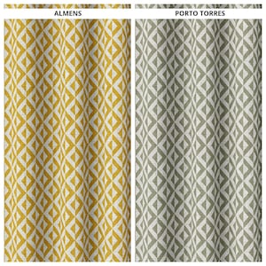 May include: Two patterned fabric panels. One is yellow and white with a diamond design, labeled "ALMENS". The other is gray and white with a diamond design, labeled "PORTO TORRES".