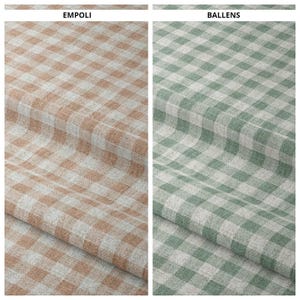 Op de afbeelding: Twee stofstalen met een ruitpatroon. Eén staal is bruin en wit, met het label "EMPOLI". De andere is groen en wit, met het label "BALLENS". De stof heeft een geweven textuur.