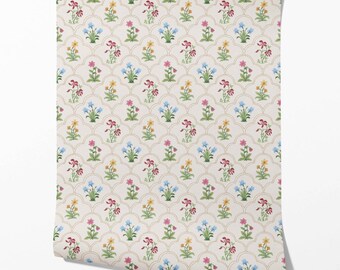 Floral Block Print Wallpaper by Meter I Extra Wide Roll I White/ Pink/ Green/ Red I Easy DIY Removable Peel & Stick Option I Foliage