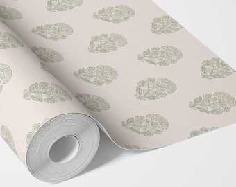 Olive Green Floral Blockprint Botanical Pattern Wallpaper by Meter I Extra Wide Roll I Easy DIY Removable Peel & Stick Option I Degas