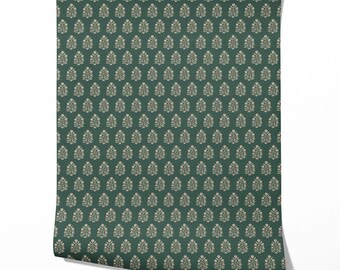 Floral Block Print Botanical Wallpaper by Meter I Extra Wide Roll I Green/ Beige I Easy DIY Removable Peel & Stick Option I Field of Poppies