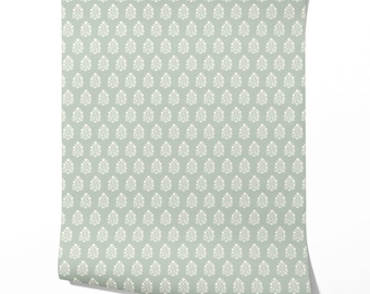 Floral Blockprint Botanical Wallpaper by Meter I Extra Wide Roll I Blue/ Cream I Easy DIY Removable Peel & Stick Option I June Afternoon