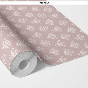 Floral Block Print Wallpaper by Meter I Extra Wide Roll I Blush Pink/ Off-White I Non-Pasted Traditional Application I Farfalla