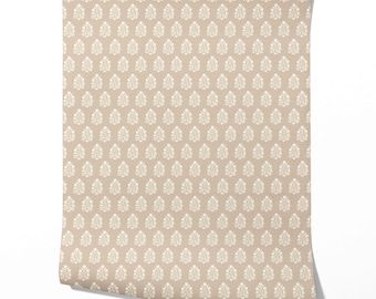 Floral Blockprint Wallpaper by Meter I Extra Wide Roll I Neutral Beige/ Taupe I Easy DIY Removable Peel & Stick Option I April Afternoon
