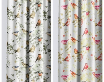 Bird Print/ Nature Floral Curtains. Custom Size Lined Window Drapes. Any Length/ Width. Pinch Pleat or Casual (White/ Yellow/ Orange/ Pink)