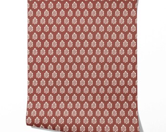Floral Block Print Botanical Wallpaper by Meter I Extra Wide Roll I Brick Red/ White I Easy DIY Removable Peel & Stick Option I Sunset