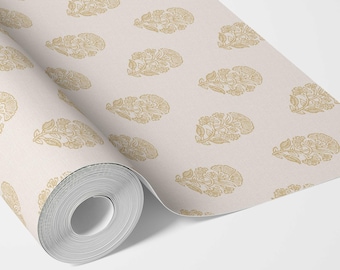 Floral Block Print Botanical Wallpaper by Meter I Extra Wide Roll I Yellow/ Cream I Easy DIY Removable Peel & Stick Option I Galta